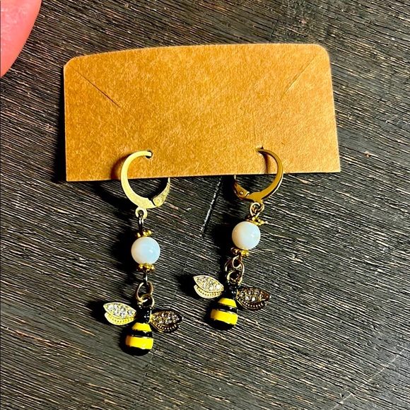 Gold and Black Bee Dangle Earrings - Picture 1 of 3